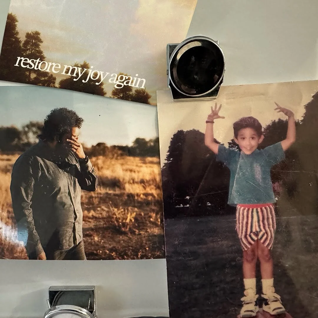 Archival childhood photograph beside an artistic restoration-themed cover